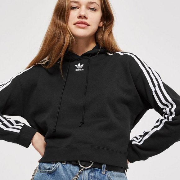 NEW adidas Black Original 3 Stripe Cropped Hoodie - Picture 4 of 9